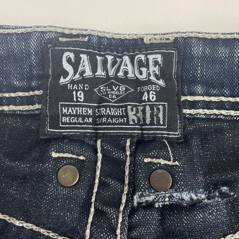 Distressed Salvage Buckle Men's Mayhem Straight Stretch Blue Jeans Size 31R x 28
